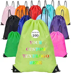 Custom Bags With Your Logo Set of 100 Custom Backpack Draw String Bags Pack Bulk for Travelling Swimming Gym Everyday Use (Yellowish green)