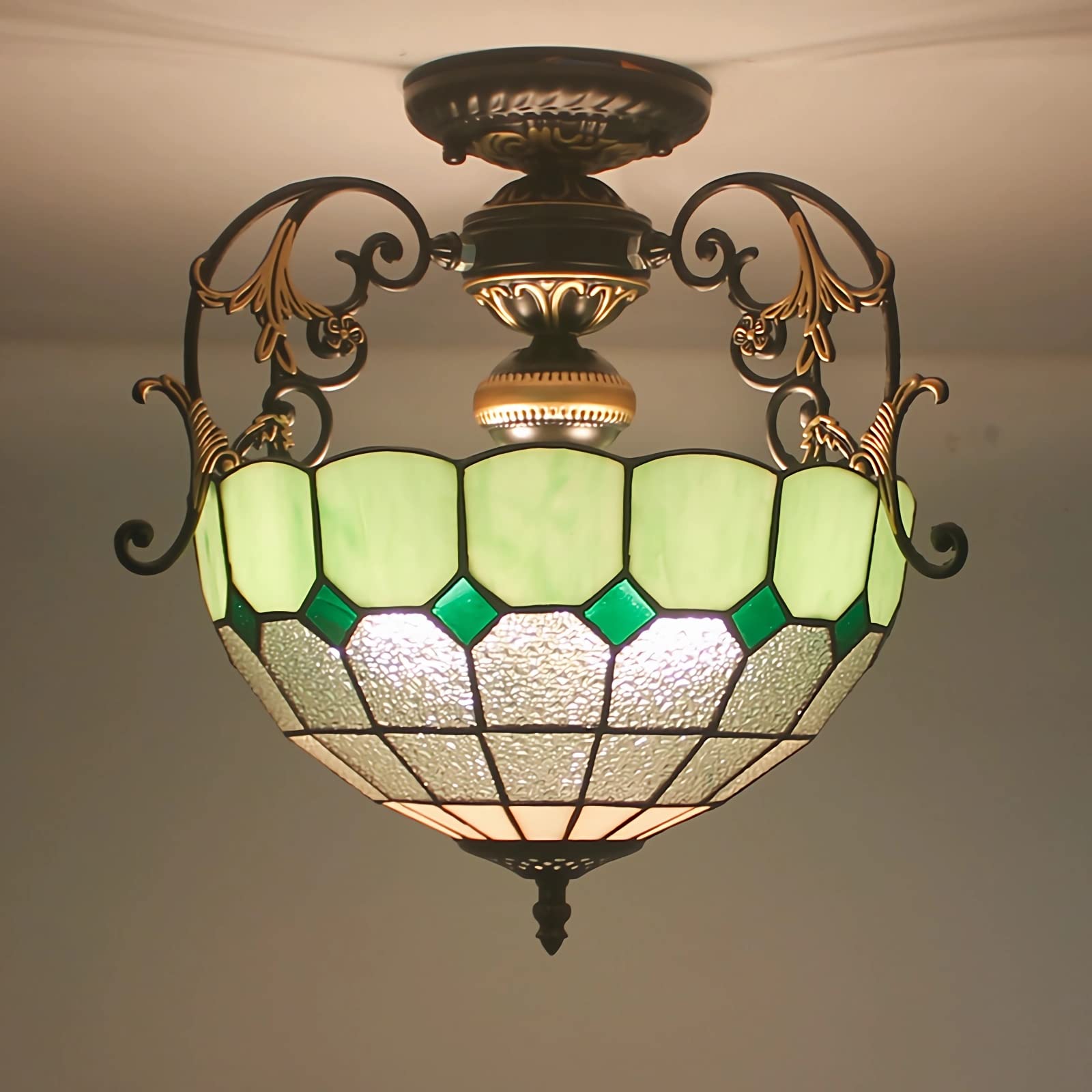 Wdbztj 30Cm Tiffany Style Chandelier, Green Stained Glass Ceiling Pendant Light For Living Room Bedroom Dinning Room Kitchen Island Hallway,