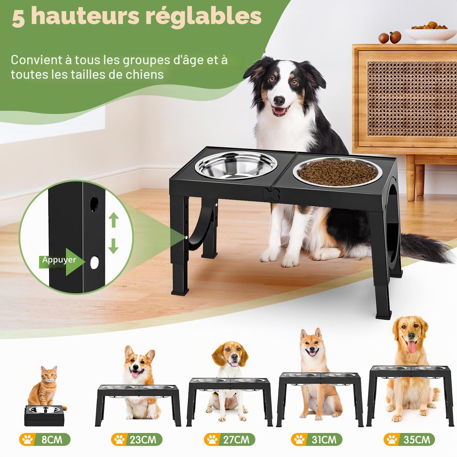 X XBEN Gamelle Chien Surélevées de 5 Hauteurs Ajustables, Gamelle pour Chien avec 2 Bols en Acier Inoxydable de 1,5L, Pliable, Antidérapant, Convient aux Petits, Moyens et Grands Chiens