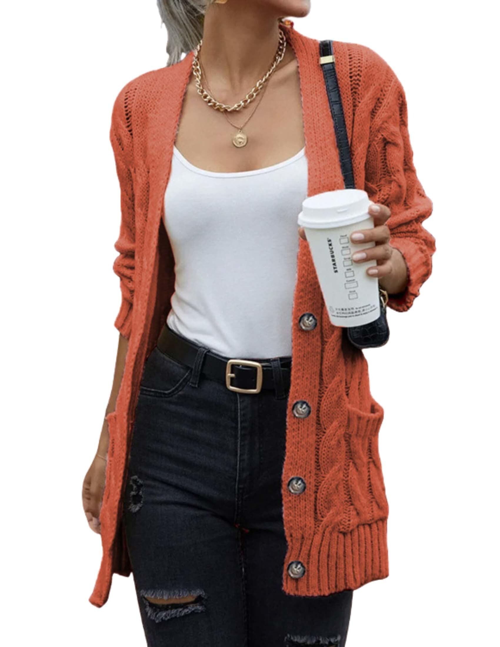 LIZALIG Womens Cable Knit Cardigan Long Sleeve Open Front Button Down Knitwear Sweater Coat