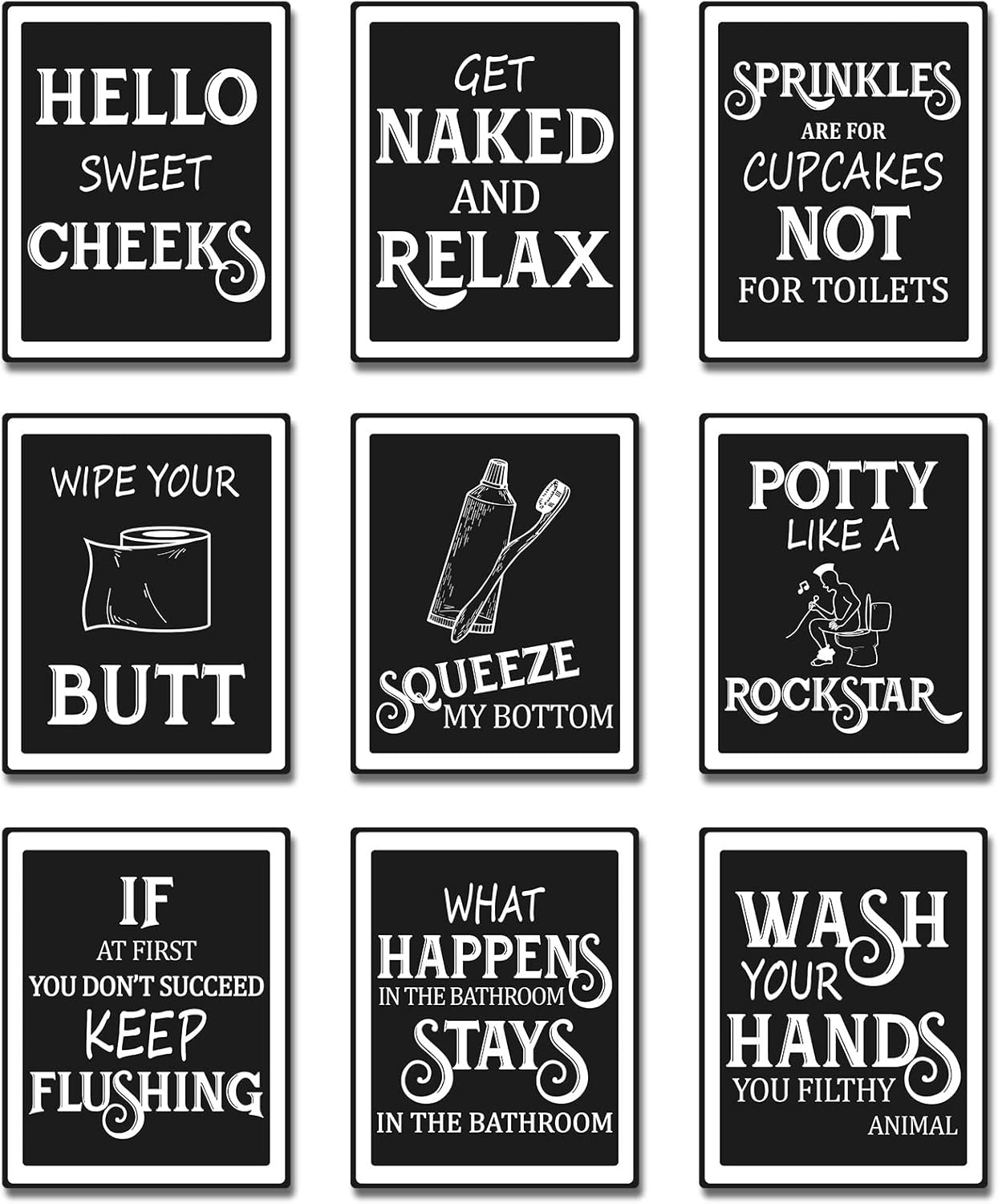 Zonon 9 Pieces Bathroom Wall Decor, Funny Vintage Bathroom Signs Washroom Quotes Sayings Art Prints Washroom Posters for Wall Restroom Toilet Decoration Pictures, Unframed(White Font)