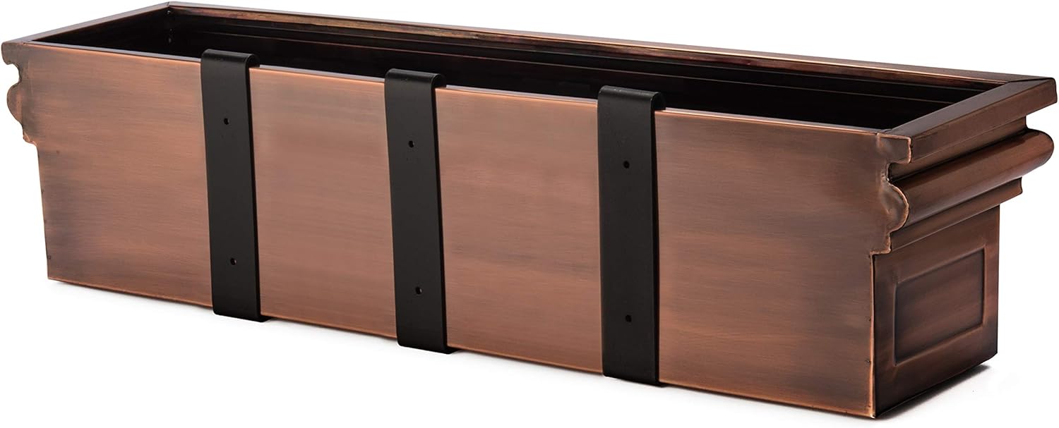 H Potter 36” Copper Finish Window Box Planter with Brackets, Stainless Steel Metal Outdoor Flower Box for Windows, Deck & Balcony, Flat Back Design