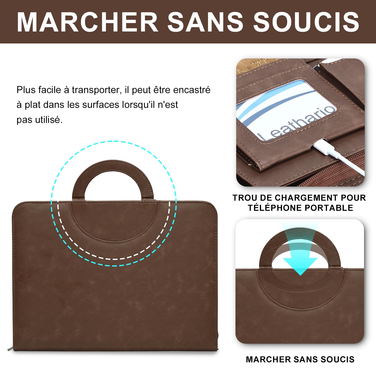 Leathario Porte Documents A4 avec Calculatrice, Portfolio avec Poignées Magnétiques en Simili Cuir, Organiseur de Conférences 4 Reliures à Anneaux, 10 Feuilles Classeuses Souples Offertes et 1 Stylo