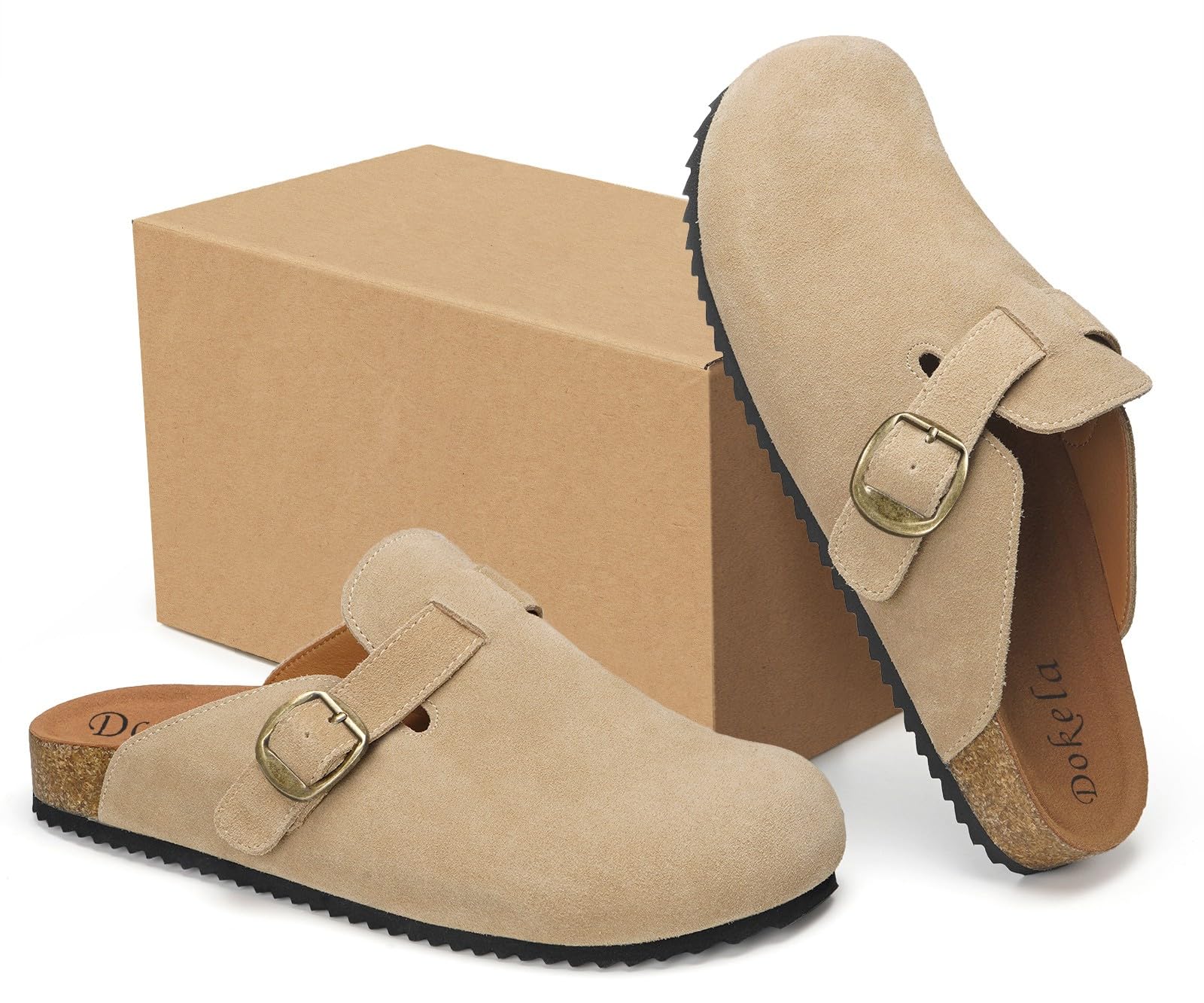 Dokela Mules et Sabots Homme Femme Chaussons avec Liège Confortables Pantoufles Cuir Chaussures Antidérapants Semelle