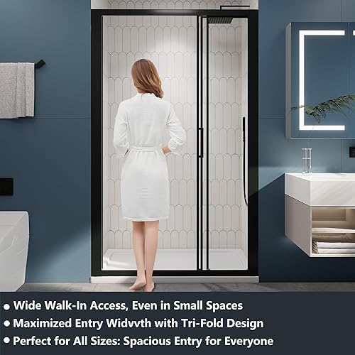 Miniatura 34 de Puerta de ducha deslizante sin marco de 44-48 pulgadas de ancho x 72 pulgadas de alto, puerta de ducha de vidrio con vidrio templado SGCC Negro