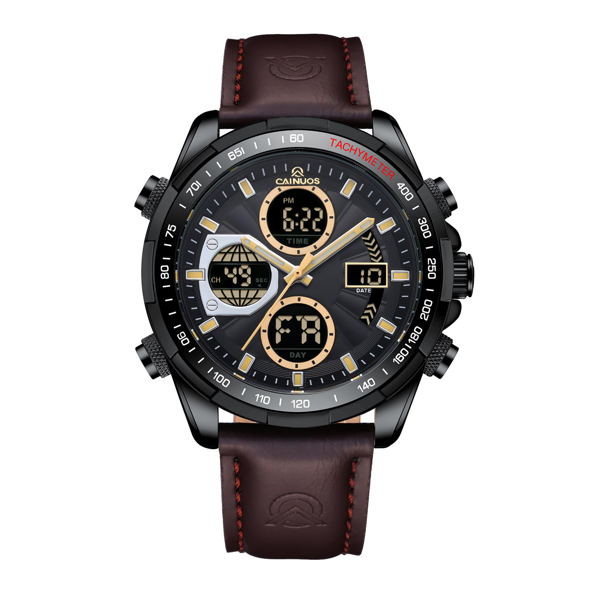Mens Military Digital-Analog Watch Leather Band Sport Chronograph Wristwatch Black