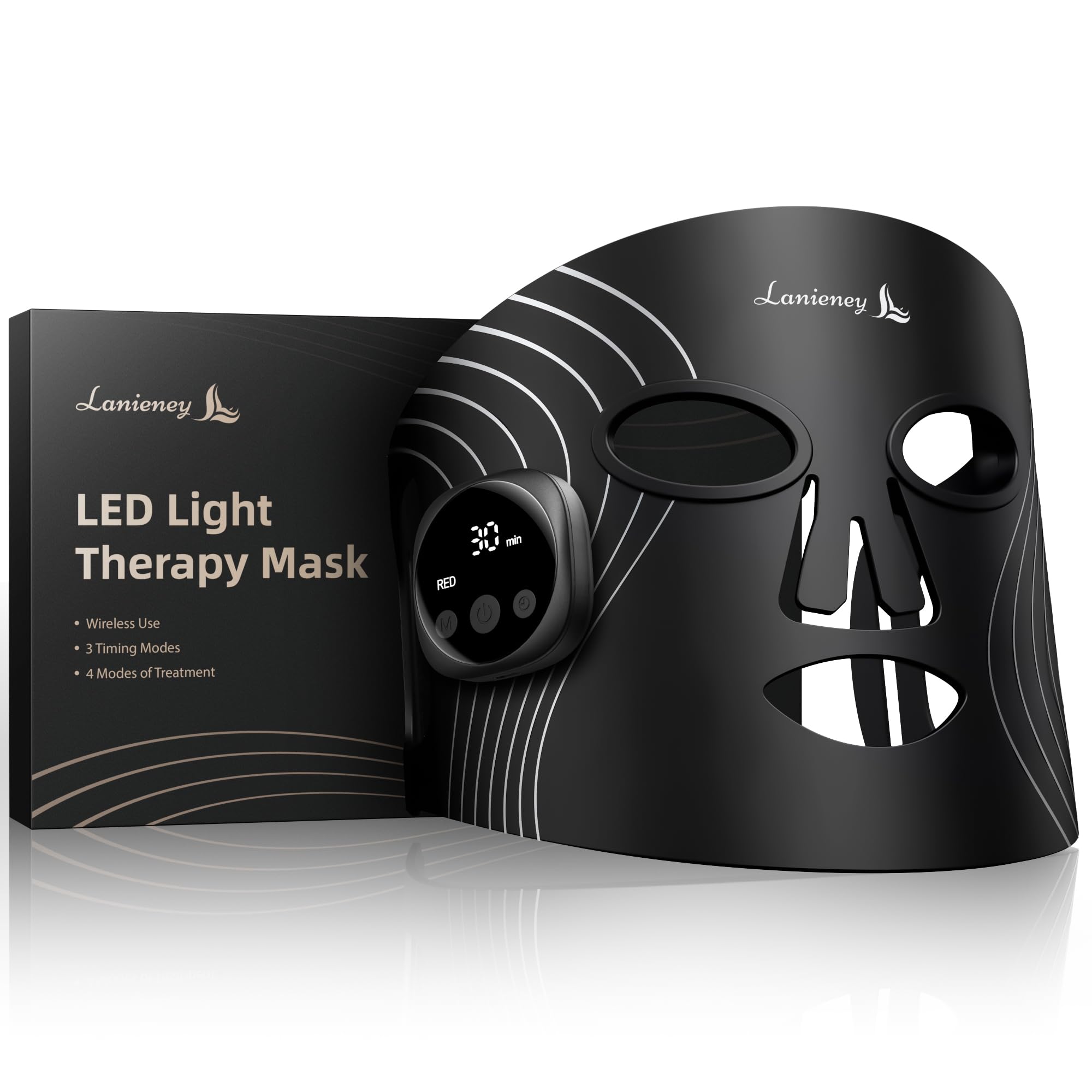 Rotlicht-Gesichtsmaske, Kabelloses Rotlicht für das Gesicht, 4 Modi, Wiederaufladbar und Einstellbarer Timer mit Digitalanzeige für die Hautpflege zu Hause, Schwarz