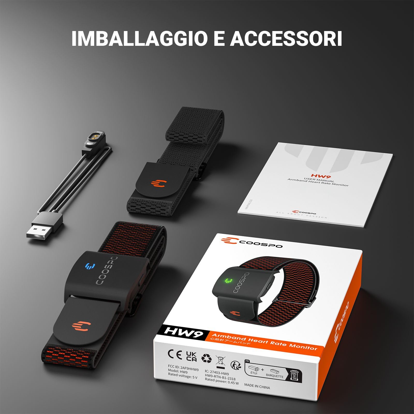 COOSPO HW9 Fascia Cardio da Braccio, Ant+ Bluetooth5.0 Cardiofrequenzimetro Braccio Ottica Impermeabile IP67, Compatibile con Wahoo Fitness Strava Zwift Elite HRV