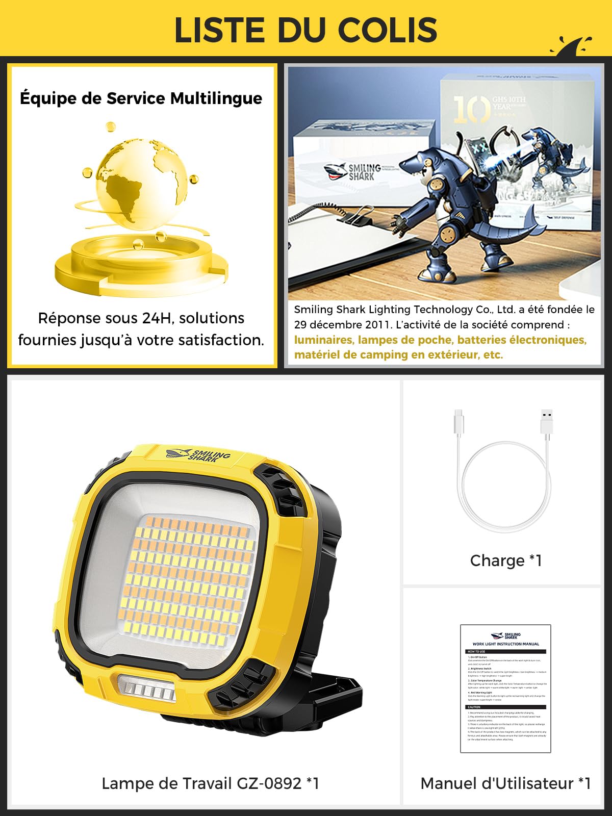 Smiling Shark Lampe Travail, 4000lm LED Lampe Inspection 7500mAh Rechargeable Étanche 18 Modes Lumière Portable COB Lampe D'atelier avec Magnétique pour Outdoor Réparation Garage Workshop Emergency