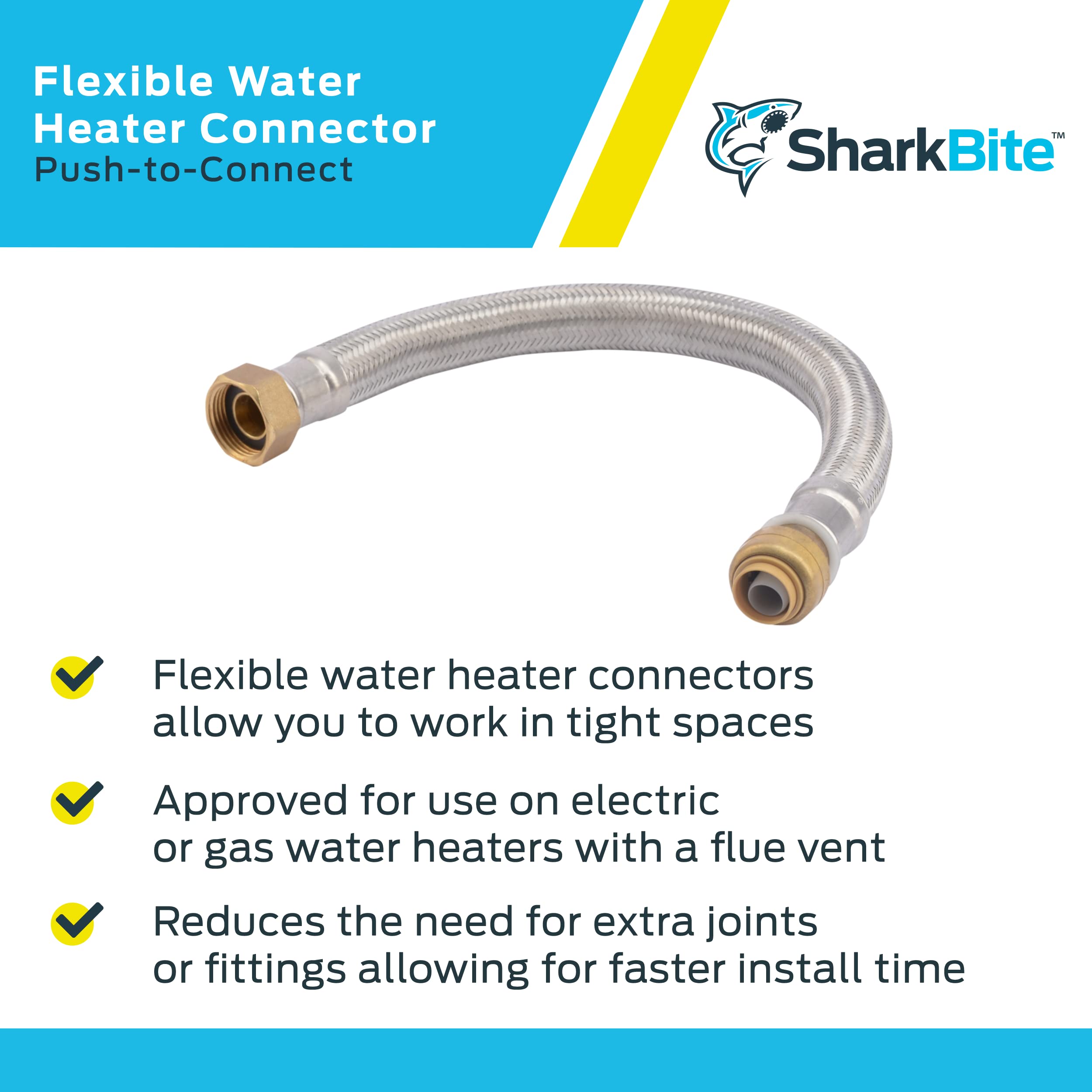 SharkBite 1/2 Inch x 3/4 Inch FIP x 15 Inch Stainless Steel Braided  Flexible Water Heater Connector, Push To Connect Brass Plumbing Fitting,  PEX Pipe, Copper, CPVC, PE-RT, HDPE, U3068FLEX15LF - Pipe
