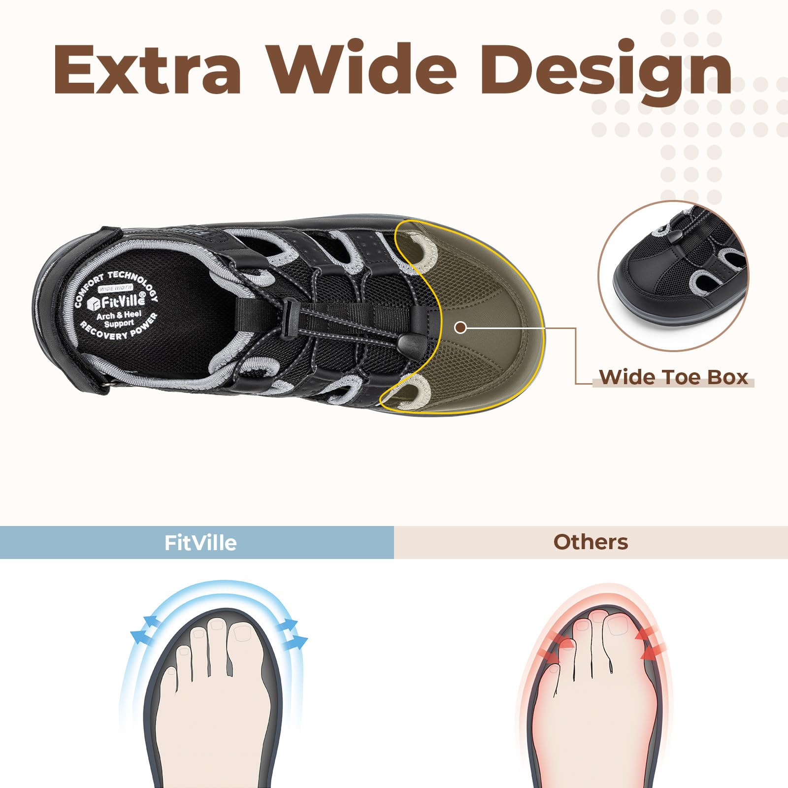 FitVille Sandali Larghi Estivi da Donna Traspiranti e Comodi con Chiusura Elastica a Lacci e Strappo per l'Outdoor