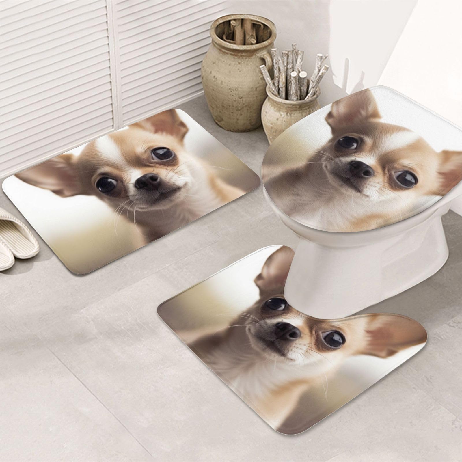 Tapis de douche absorbant et contour WC flanelle motif chihuahua
