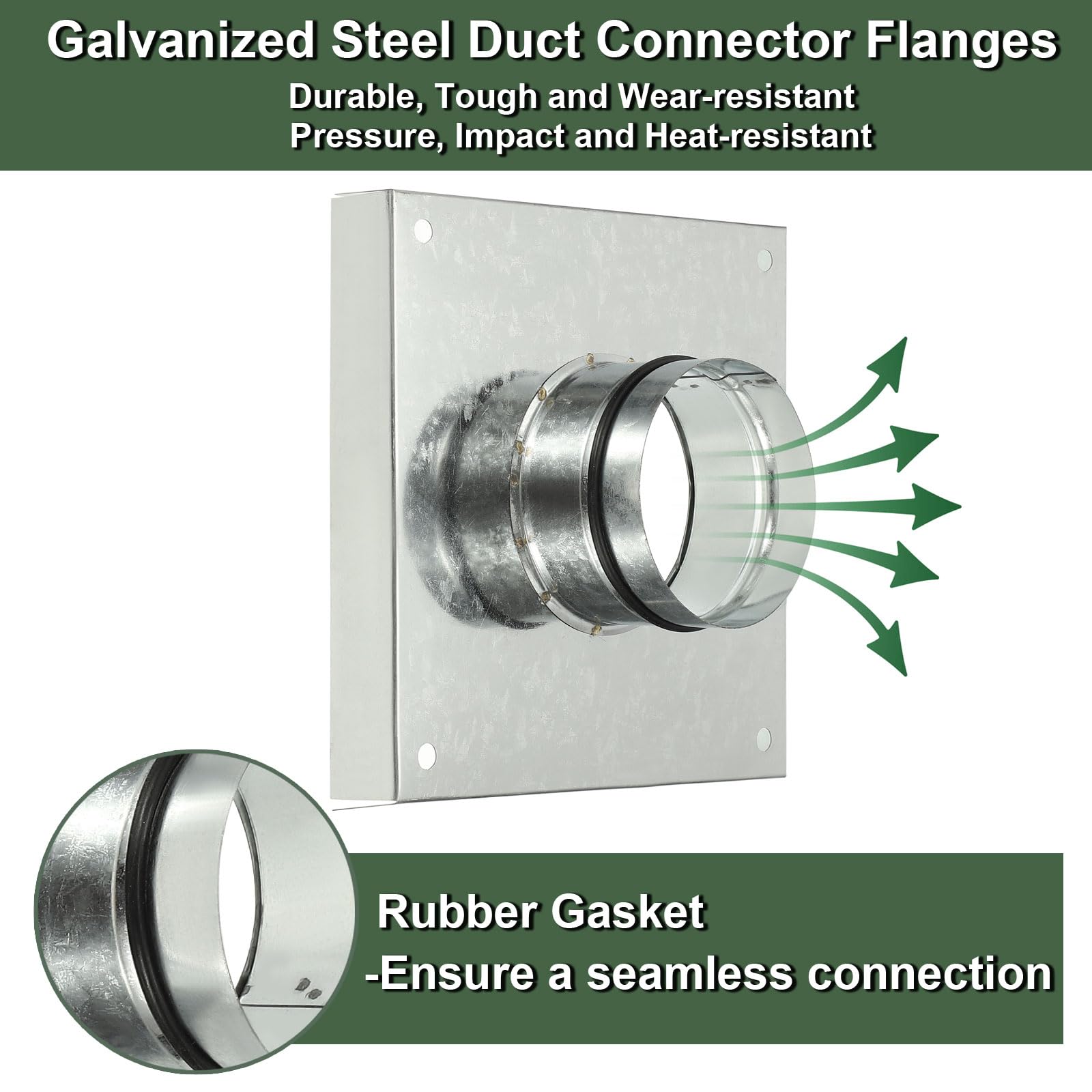 YOKIVE Duct Connector Flange, Galvanized Steel Air Ducting Mounting Plate with Rubber Gasket - Image 3