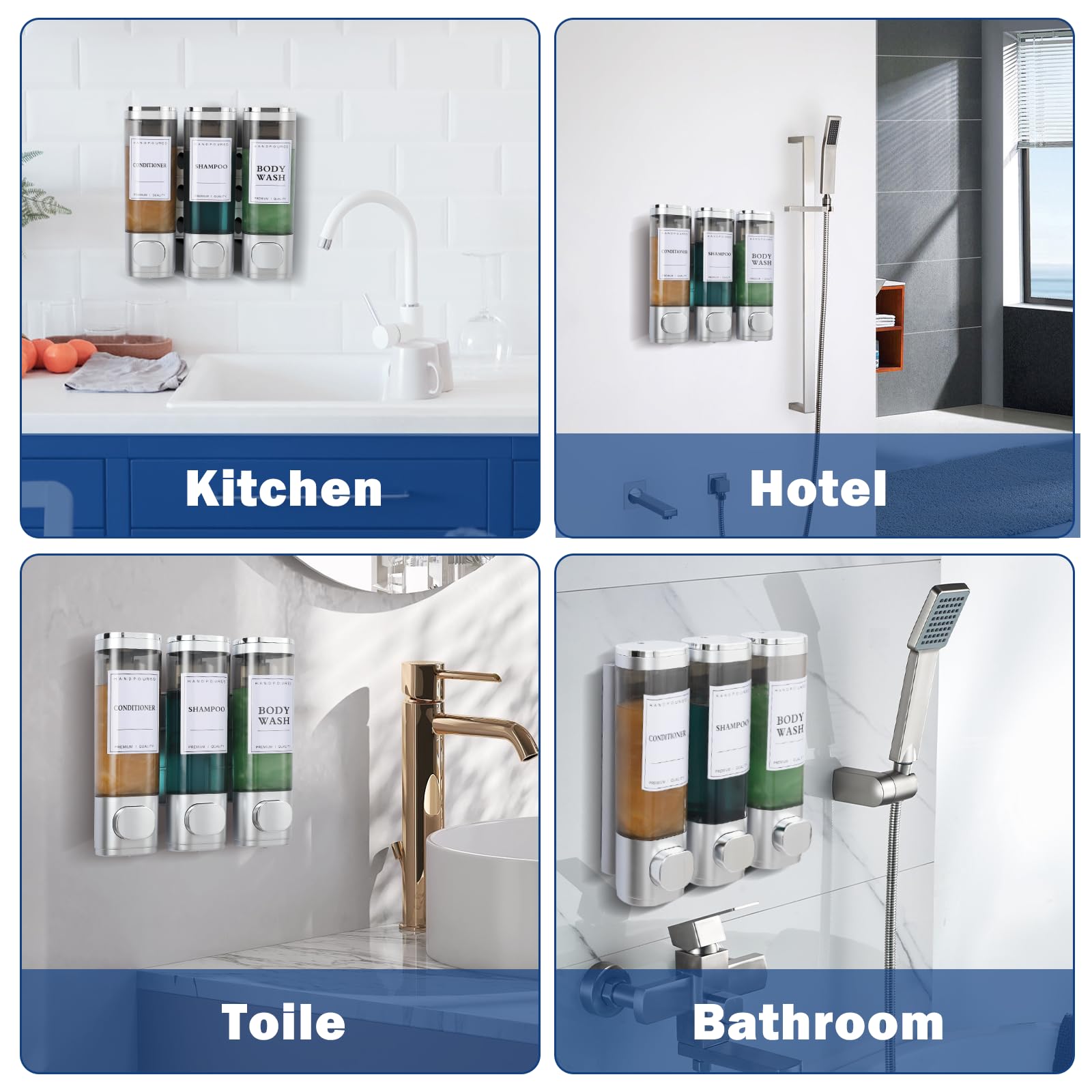 Dispenser per shampoo e balsamo, dispenser per shampoo doccia a 3 camere, senza foro, per doccia, montaggio a parete, per bagno, hotel, cucina, 3 x 300 ml, grande capacità, argento
