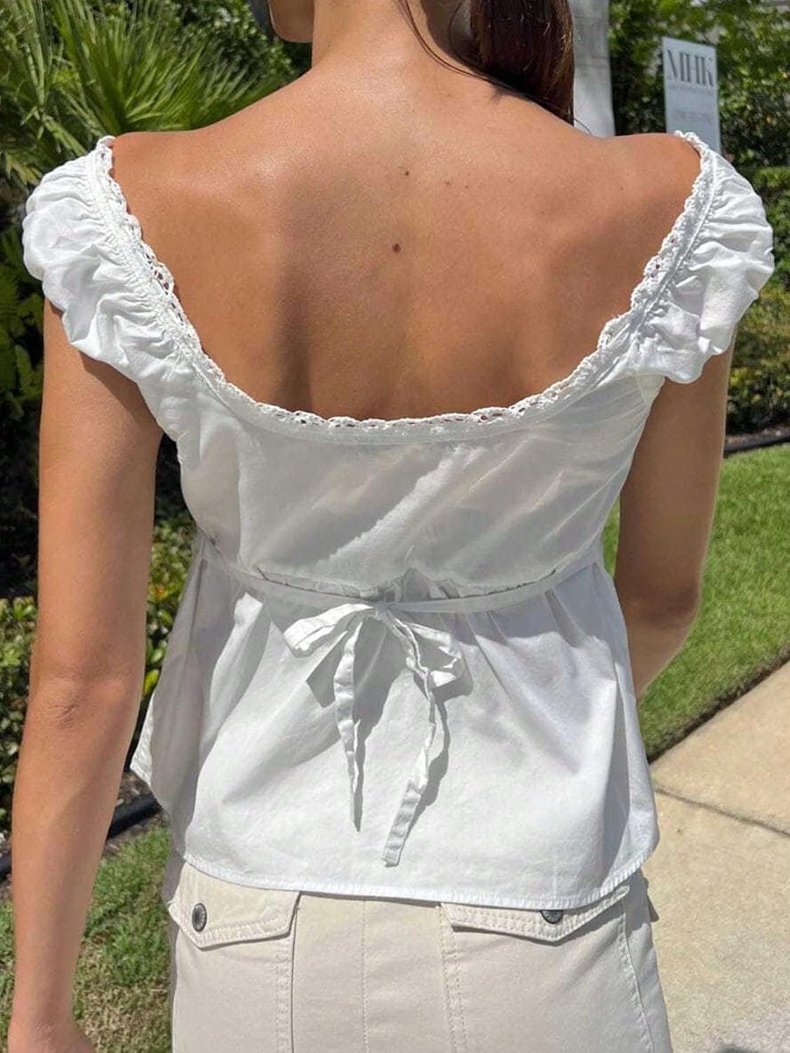 SweatyRocks Women's Tie Front Lace Blouse Square Neck Cap Sleeve Summer Peplum Tops - Image 2