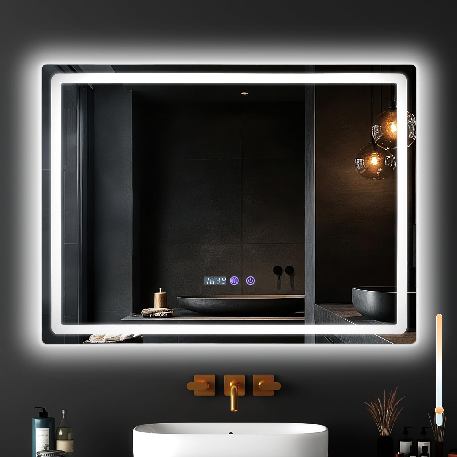 Treeboy Badspiegel mit Beleuchtung 70x50cm - LED Badezimmerspiegel mit Uhr, Temperatur & Feuchtigkeitsanzeige - Gehärteter mit Beschlagfrei, Touch-Schalter, 3 Lichtfarben Dimmbar, IP44 Wandspiegel