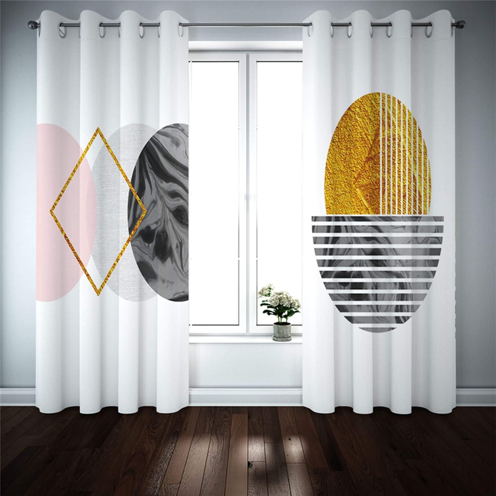 Lot de 2 Rideaux Rideau Voilage Occultant,2 x 132W x 160H CM,Rideaux Occultant et Thermique Blanc Gris Rose Géométrique Rideau à Oeillets