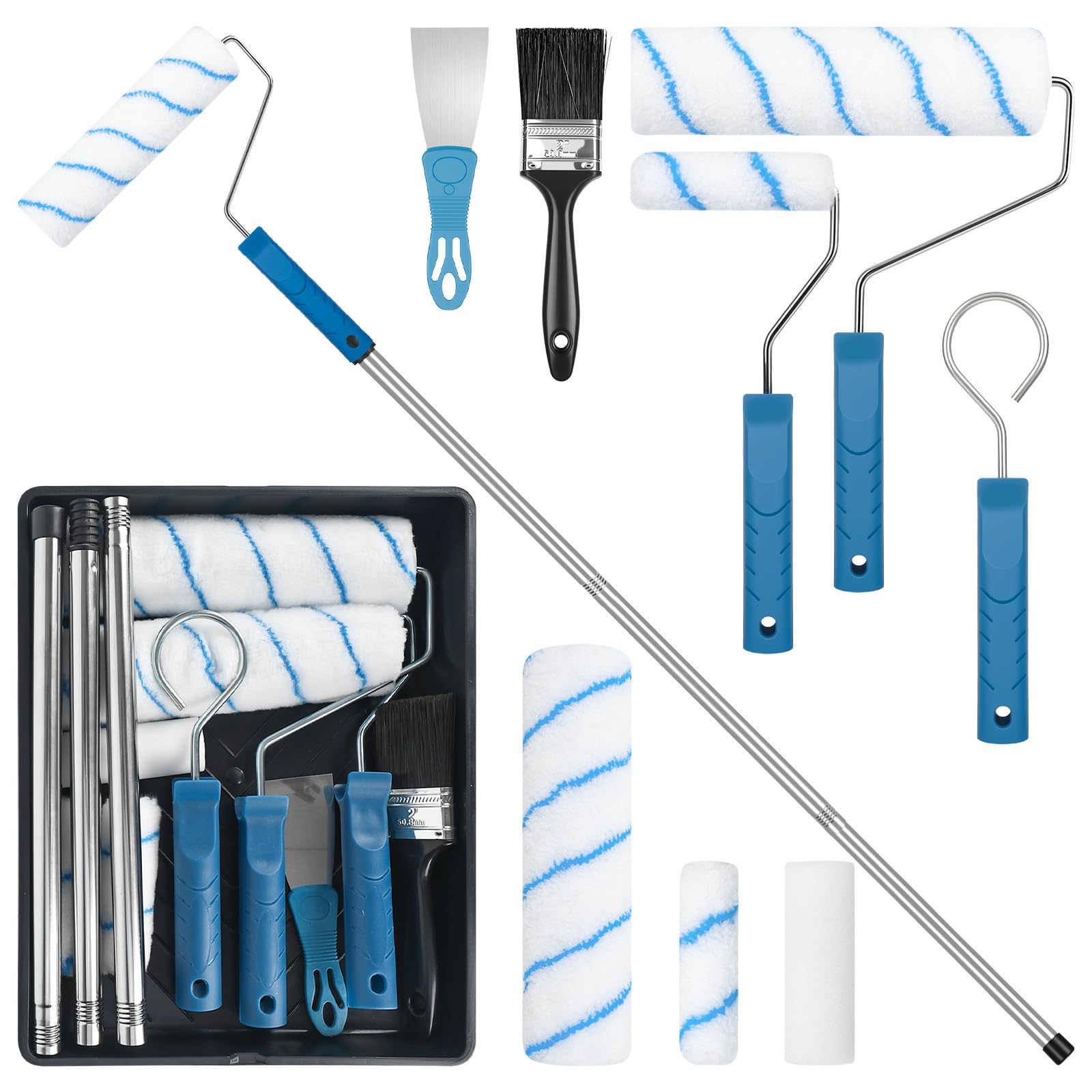 Paint Roller Set 14 Pcs Paint Rollers and Trays Set for Painting Walls (Blue)