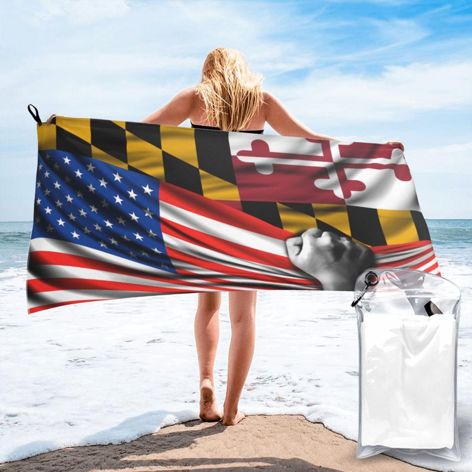 HACXZ Beach Towel America Flag and Maryland Flag Microfiber Beach Towel Lightweight Absorbent 31.5"X63"