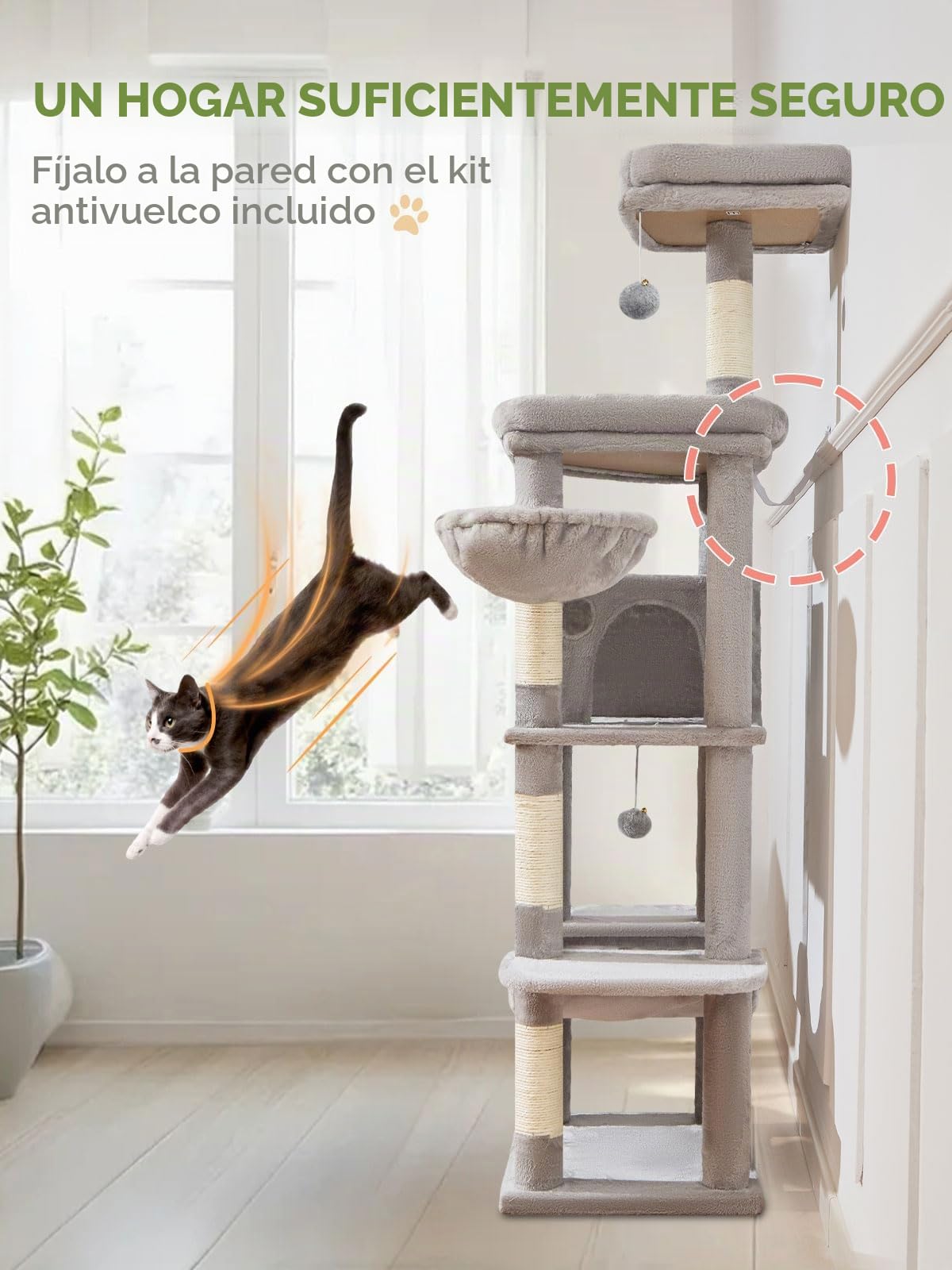 Taoqimiao Rascador para Gatos Grandes, 168cm Arranhador para Gatos Cat Tree com Plataformas Grande, Espacioso Cuevas, Cesta, Hamaca, MS042W Gris Claro