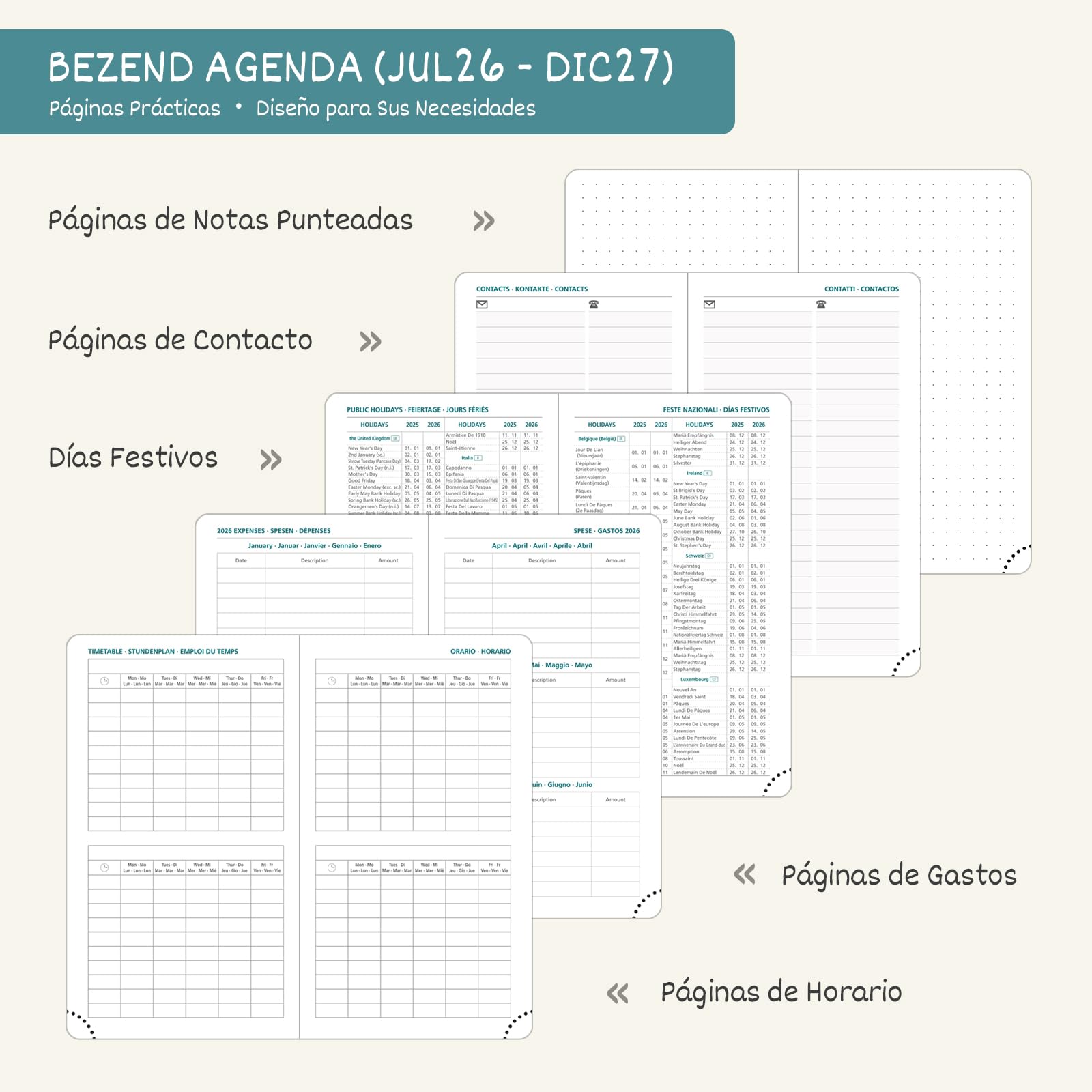BEZEND Agenda 2026 2027 Semana Vista Pequeña 9 x 15,5 cm, 18 Meses Agenda Escolar de Bolsillo de Jul.26 a Dic.27, A6 Planificador Semanal con Tapa Dura Cuero PU - Negro