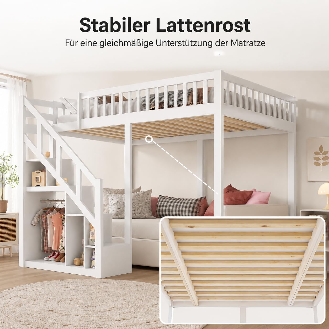 Etagenbett 90x200 cm für Kinder, Hochbett mit Treppe & Aufbewahrungsschrank, Massivholz, ohne Matratze