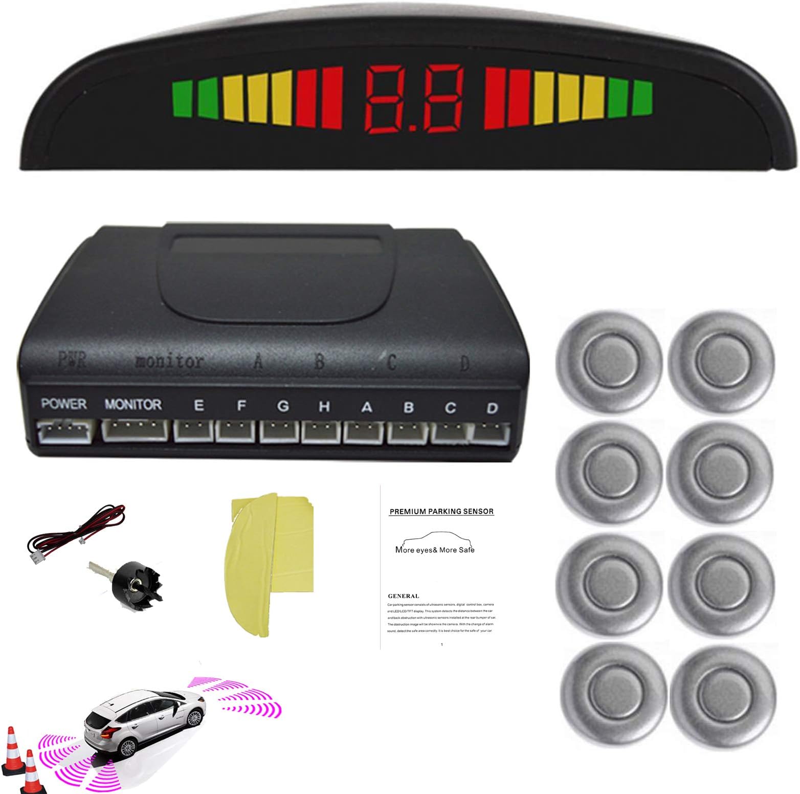 Car Parking Sensor 8 Reversing Sensors Kit Grey Reverse Backup Radar System Assistance with Front and Rear Human Voice Alert Alarm Reminder + Distance Detection + LED Display