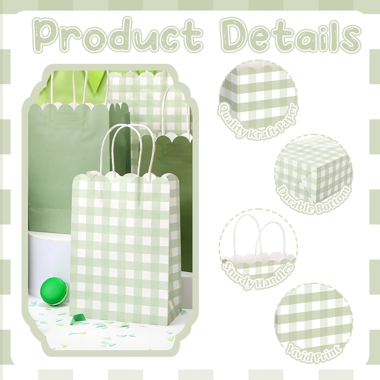Kolldenn 24 Pcs Sage Green Gingham Party Supplies Gift Bags with Handles Scallop Kraft Paper Treat Candy Goodie Party Favor Bags for Baby Shower Birthday Wedding Decor(Sage Green)