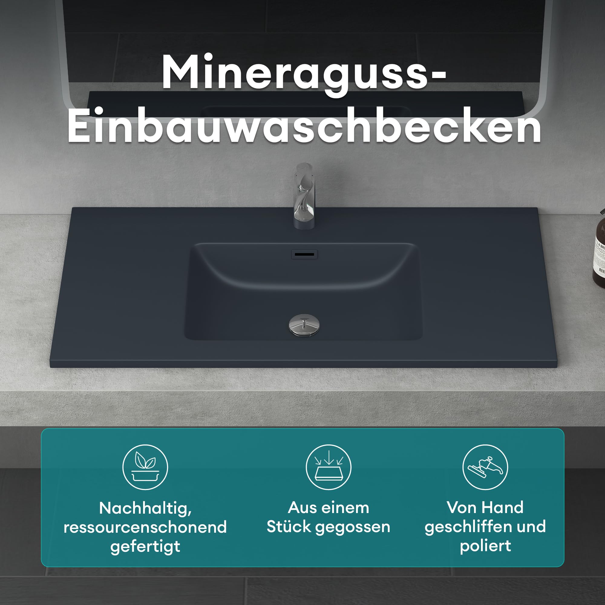 Mai & Mai Waschbecken Einbauwaschbecken Colossum02-600, BTH: 60x48x14cm, Waschtisch Einbauwaschtisch aus Mineralguss in matt Anthrazit