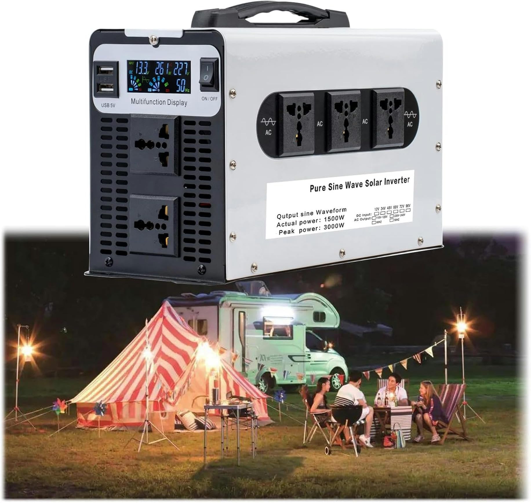 1500W Reine Sinus-Wellenleistung Wechselrichter Mit Peak 3000W, 12 V 24 V 48 V 60 V 72 V DC Bis 110 V/120 V 230 V/240 V AC-Konverter, 5 Wechselstrom-Steckdosen, 2 USB
