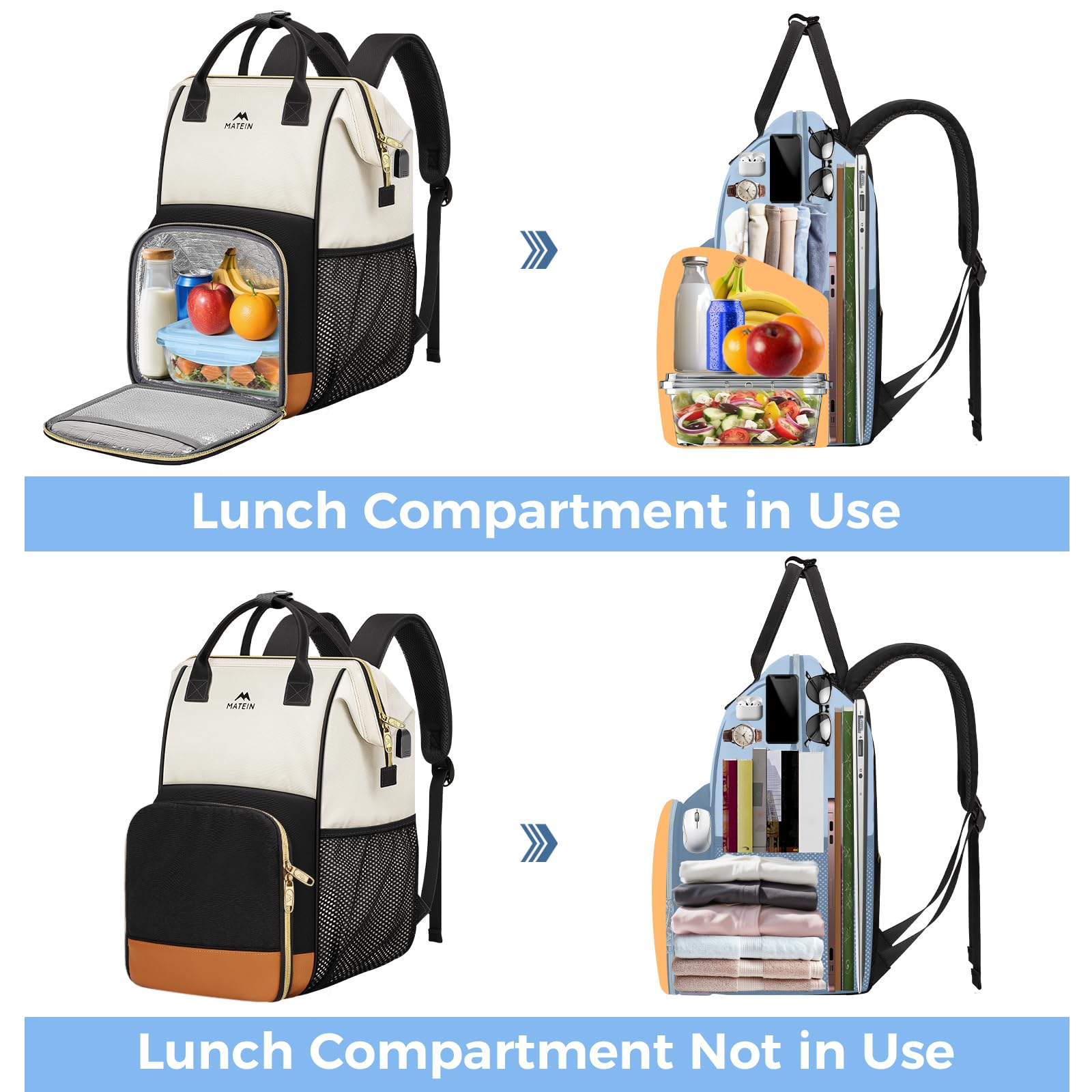 Mochila de almuerzo aislada para mujer, mochila de trabajo para laptop de 15.6 pulgadas con puerto de carga USB, mochilas para computadora universitaria resistente al agua, bolsa de almuerzo 4