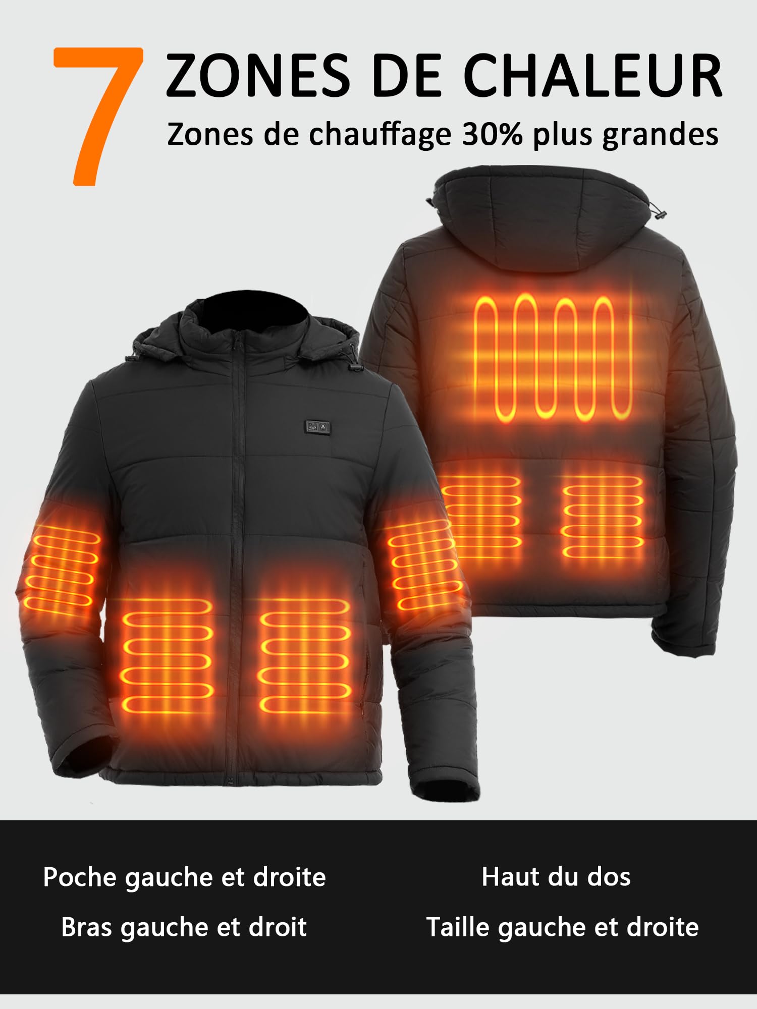 Chauffante Veste avec Batterie 7.4V 16000 mAh, Doudoune Chauffante Homme Femme 7 Zones de Chauffé Gilet Veste Electrique Chauffante, Vêtements Chauffant Blouson Chauffant Manteau Veste avec Capuche