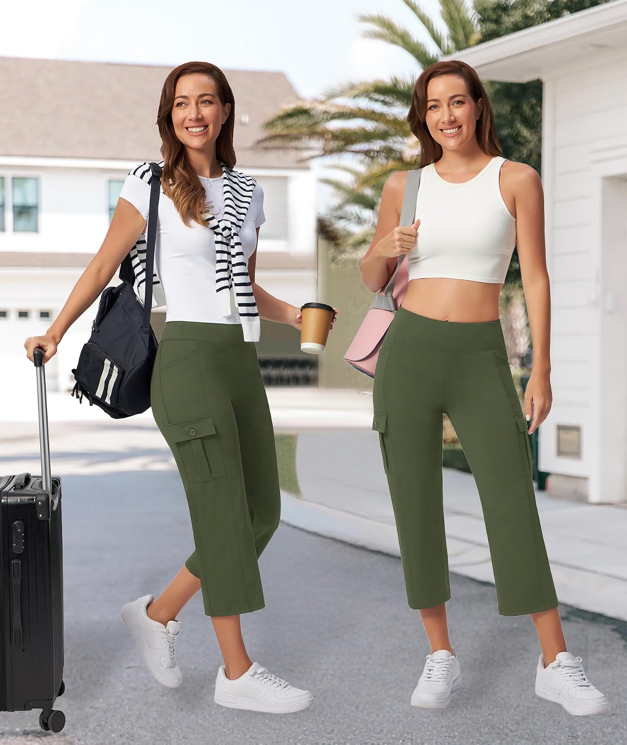 Casei Women's 21" Yoga Capris High Waisted with Pockets Cargo Capri Pants Straight Leg Casual Workout Travel Cropped Pants thumbnail