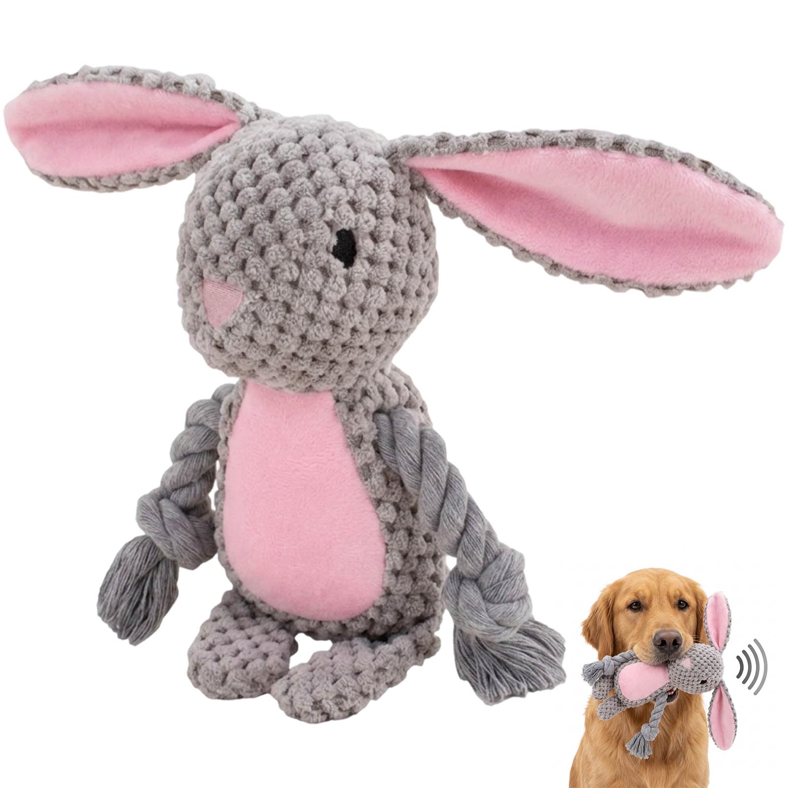 Dog Toys for Aggressive Chewers – Easter Bunny Plush Dog Toy, Tough Grey Rabbit Plush with Cotton Rope, Squeaky for Tug –Soft Chew Toy with Stuffing,Easter Gift for Small Medium Large Dogs and Puppies