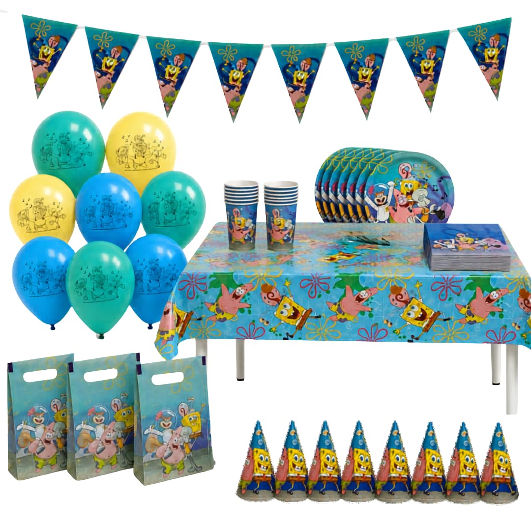 SpongeBob Compleanno, Kit Compleanno Bambini 62 Pezzi con Decorazioni Festa, Piatti, Bicchieri, Tovaglioli, Palloncini, Tovaglia, Sacchetti Regalo, Cappellini e Ghirlanda