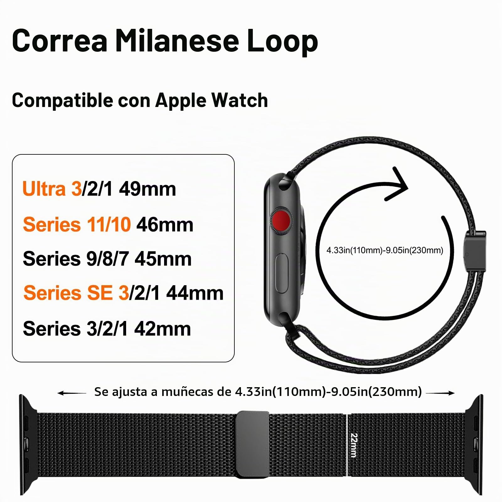 Titanio Correa Compatible con Apple Watch Ultra 3 49mm 46mm 45mm 44mm 42mm Avanzado Titanio Milanese Ajustable Reemplazar Correa para iWatch Ultra 2/SE3/SE2/SE Series 11 10 9 8 7 6 5 4 3 2 1