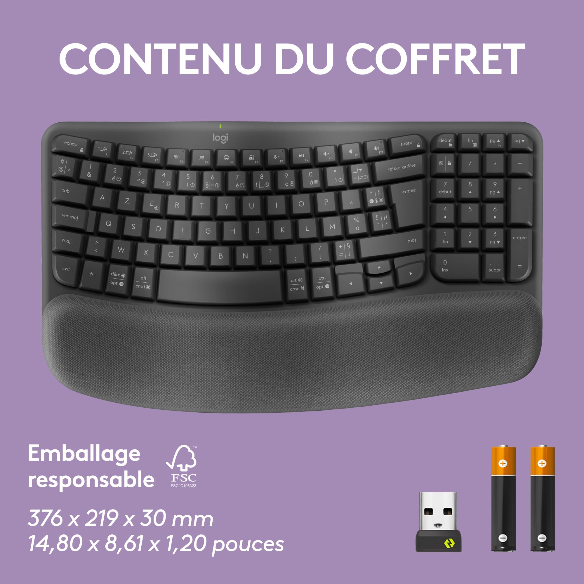Logitech Wave Keys - Clavier Ergonomique sans Fil, Repose-Poignets rembourré, Frappe Naturelle econfortable, Easy-Switch, Bluetooth, récepteur Logi Bolt,Multi-SE,Windows/Mac, Français AZERTY-Graphite