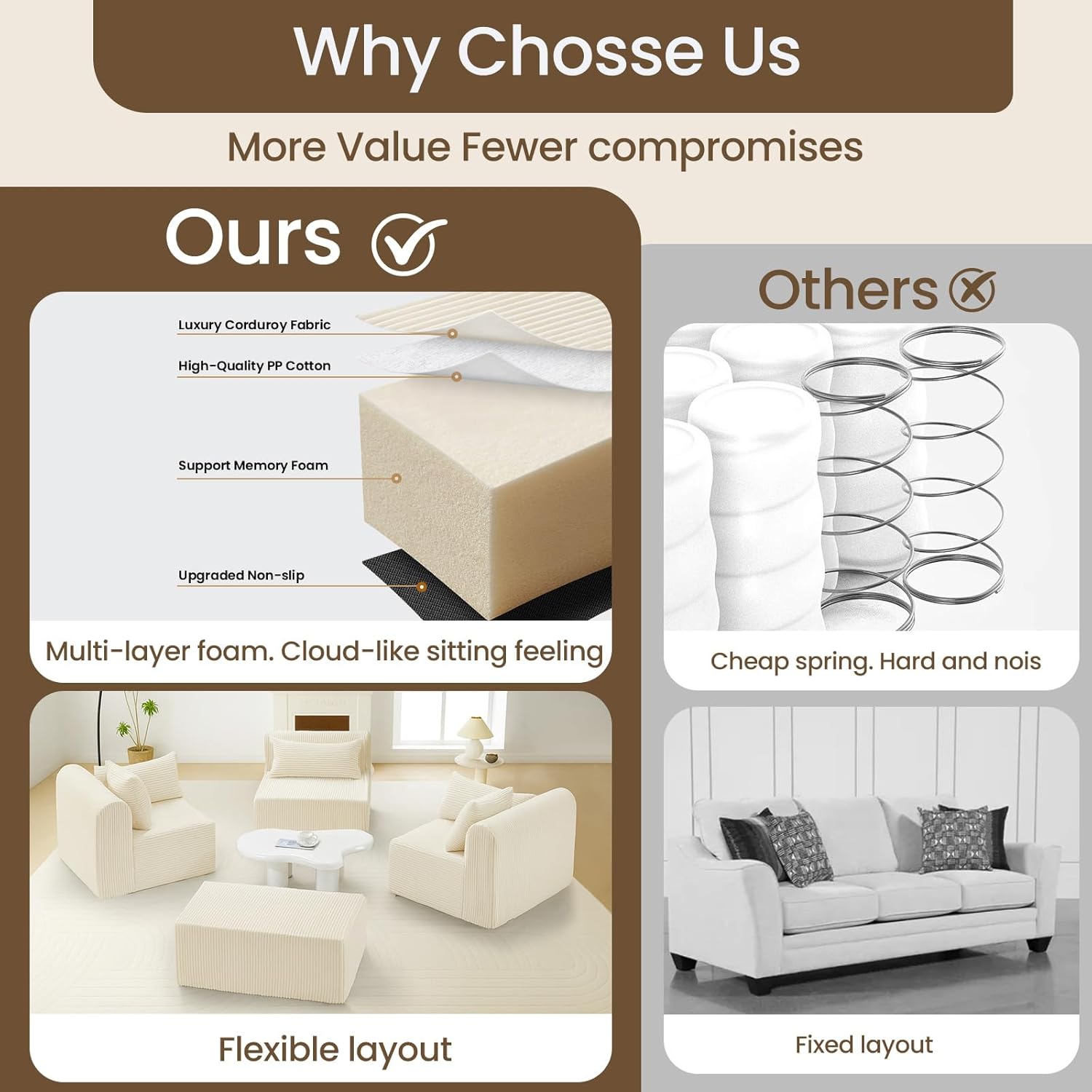 116” Boneless Couches for Living Room, L Shaped Modular Sectional Sofa with Deep Seat, Corduroy Cloud Sectional Couch with Removable Ottoman,No Assembly Required, Beige