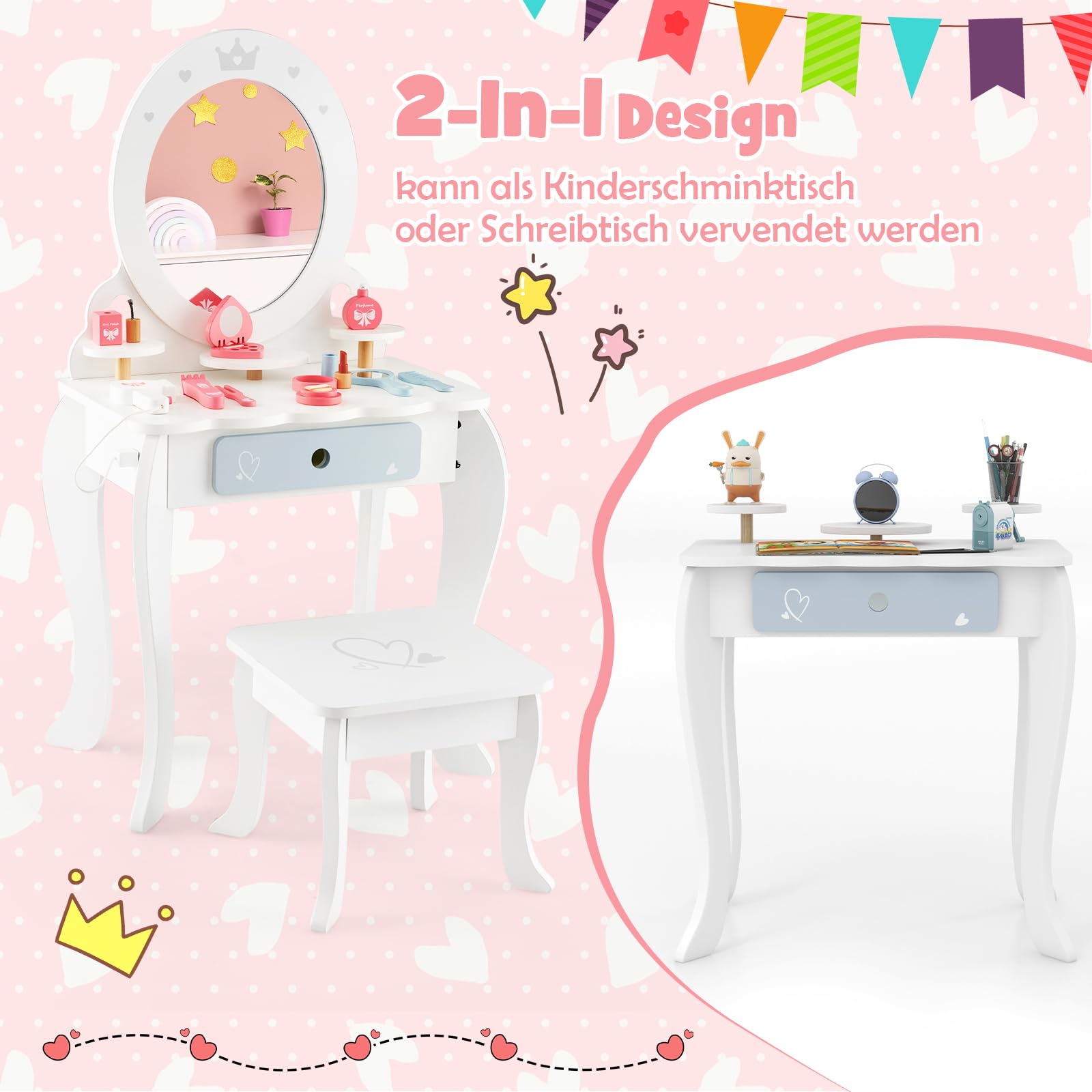 DREAMADE 2 in 1 Kinder Schminktisch mit 10 TLG. Spielzubehör und Hocker, Prinzessin Frisiertisch mit Schublade & 3 Ablagen, Kinderschminktisch aus Holz für Mädchen ab 3 Jahren, weiß