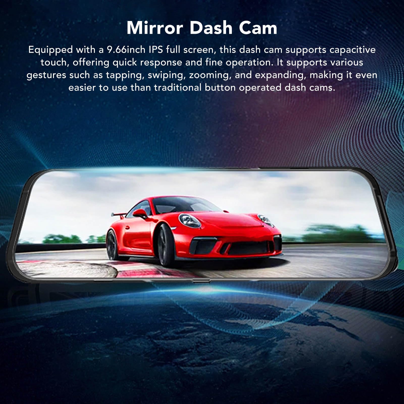 Dash Cam con Specchio da 9,66 Pollici Telecamera per Specchietto Retrovisore Anteriore e Posteriore, Doppia Fotocamera Anteriore e Posteriore Touch Screen, Fotocamera di Backup