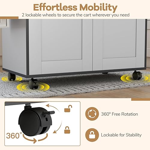 Miniatura 8 de LOKO Carrito de isla de cocina con ruedas, armario de almacenamiento de cocina rodante con cajón, toallero, estante para especias y estante