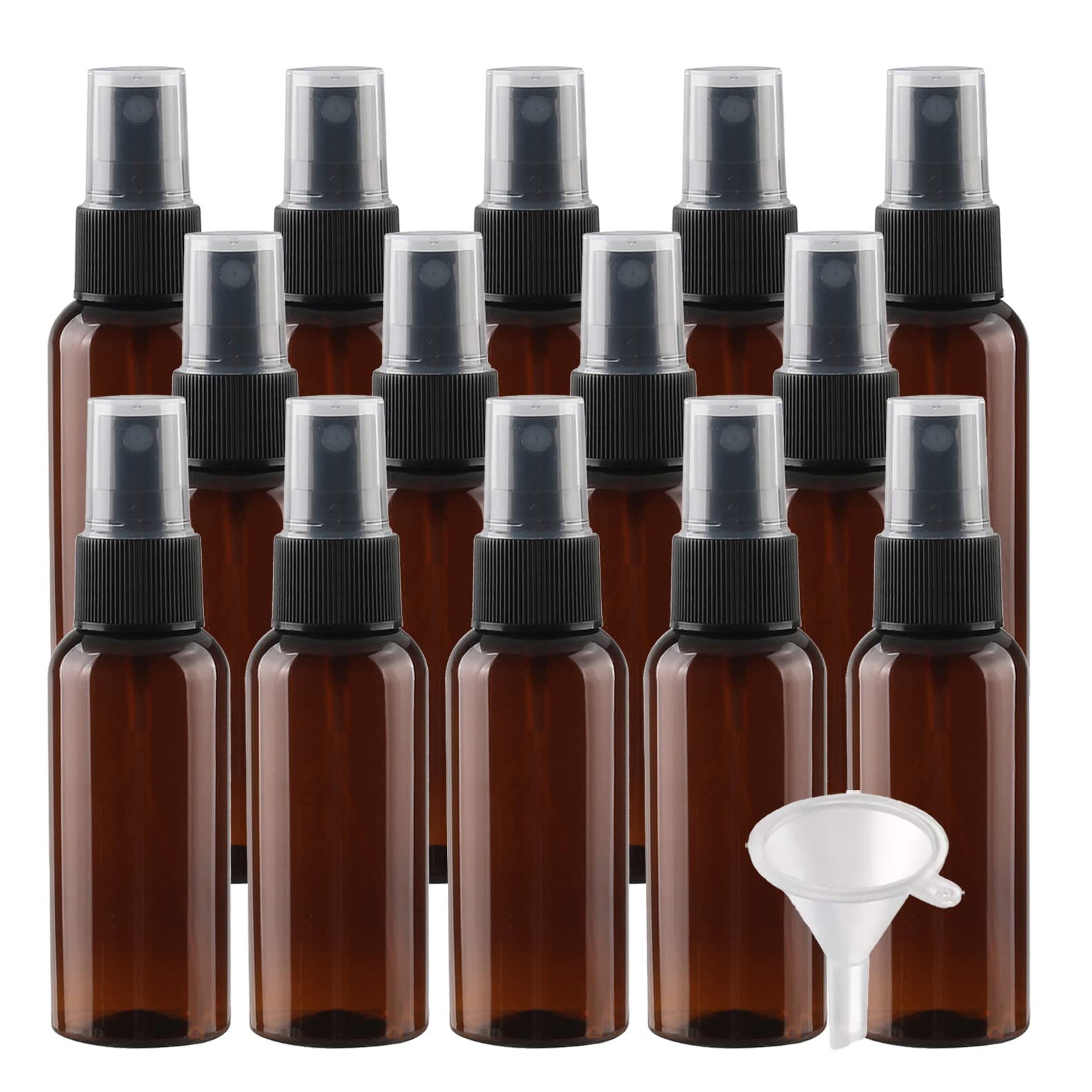 50 Stück Leer 50ml Braun Plastik PET Sprühflasche Reise Zerstäuber mit Schwarz Sprühkopf, Klein Feinen Nebel Parfümzerstäuber Reiseflaschen mit 4x Trichter