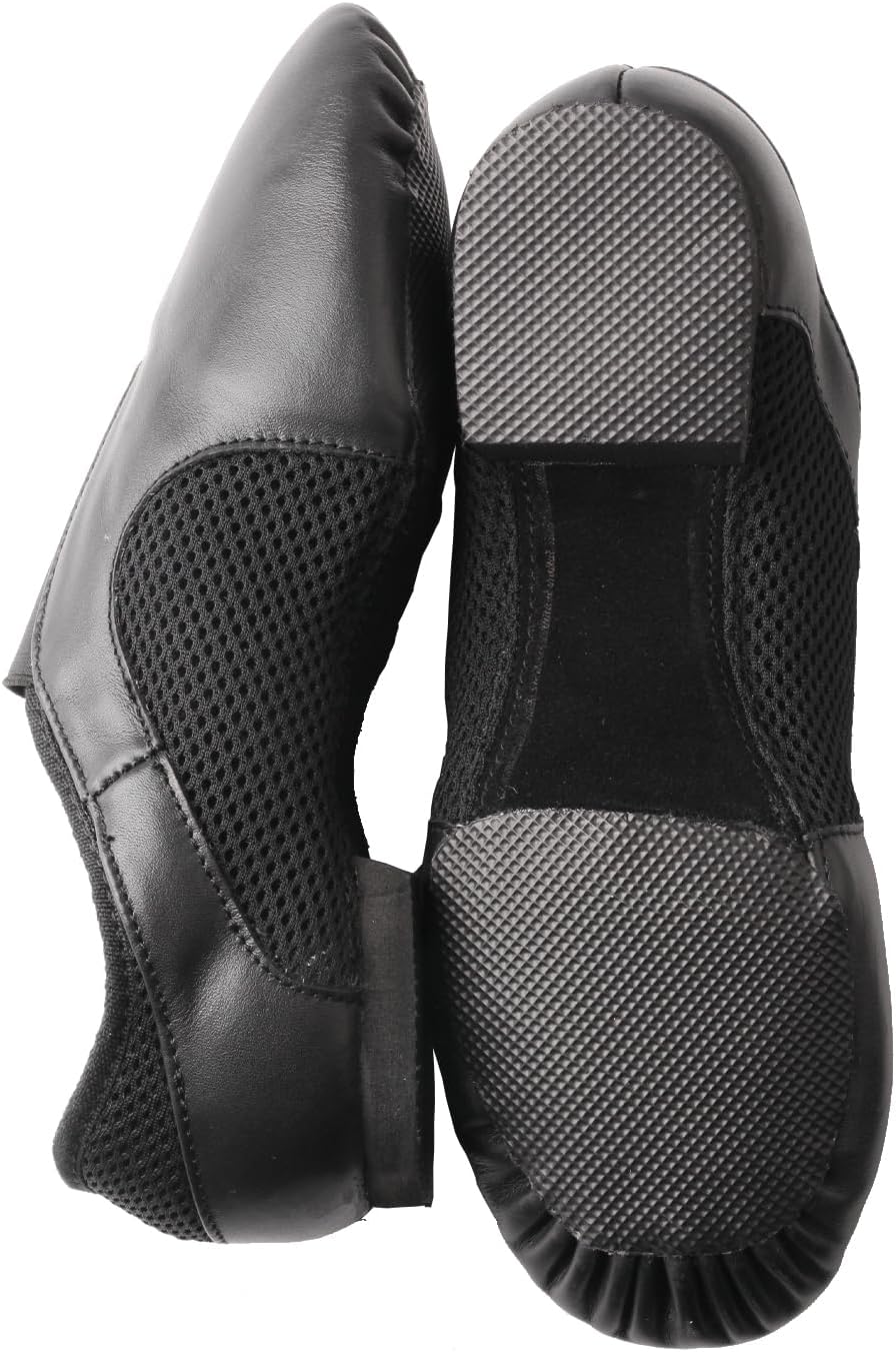 Black Leather Mesh Jazz Dance Shoes Slip On Split Sole Low Heel Training Slippers Women