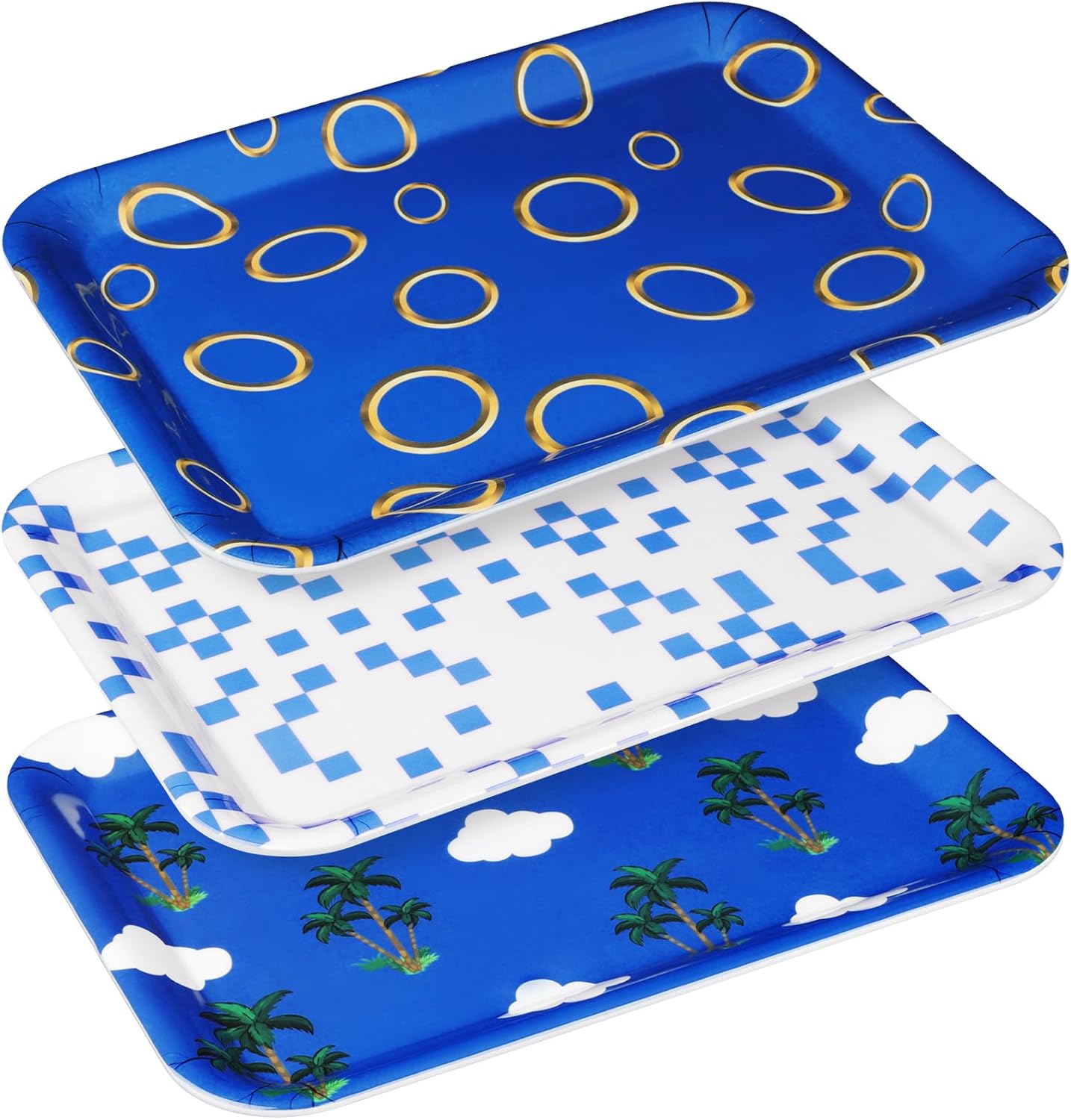 Leinuosen 3 Pcs Gold Ring Cartoon Birthday Party Supplies 13 x 10 Inch Blue Animals Golden Ring Print Serving Trays Coconut Tree and Checker Print Rectangle Serving Platter for Baby Shower Party Favor