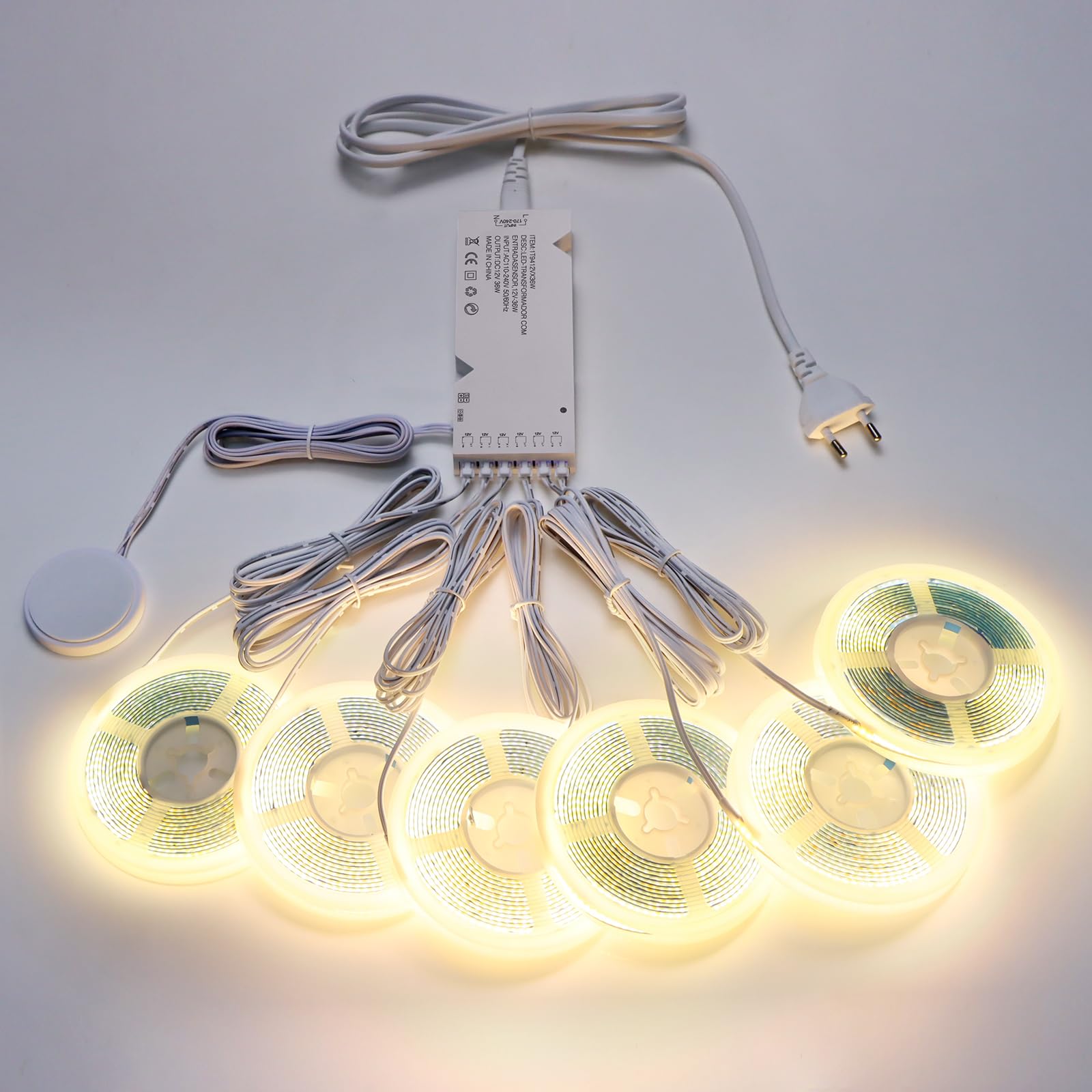 Taśma LED COB 12 V, 6 sztuk, ciepła biel, z ściemniaczem dotykowym i ręcznym, do szafy, witryny sklepowej, kuchni