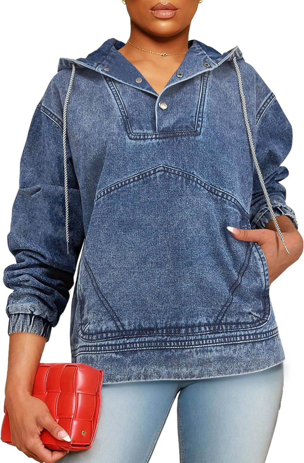 Women Denim Hoodies Casual Button Down pullover Long Sleeve Jean Tops Jacket Trendy Cropped Sweatshirt with Pockets - Image 2