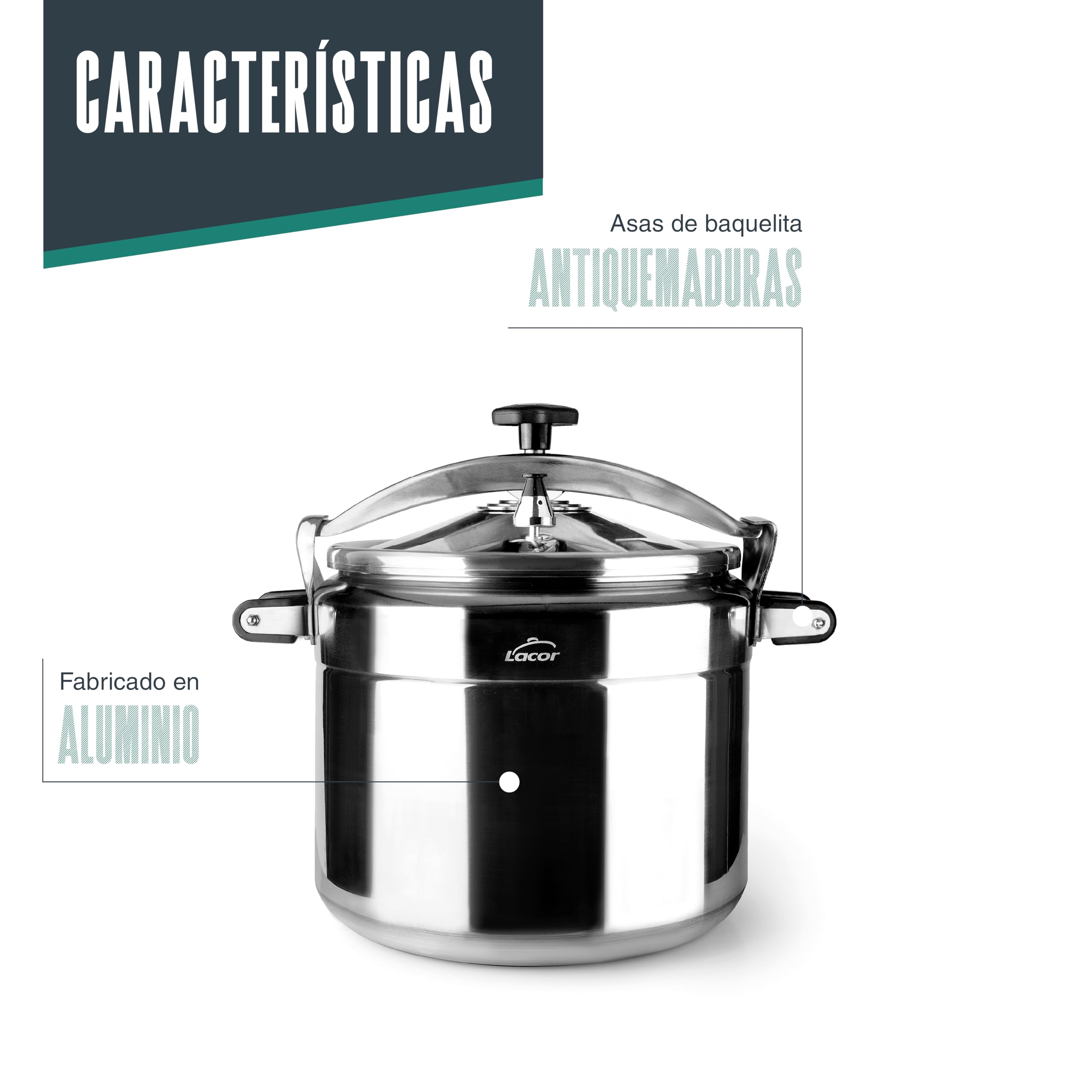 Lacor - 20522 - Olla a presión rápida PRO, Classic, Aluminio, Profesional, Máxima seguridad, 22 L, Ø 34 cm
