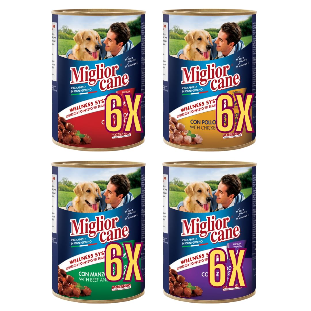 Miglior Cane Umido. 24 scatolette da 405gr cibo umido per cani Miglior Cane (Gusto, 4 gusti Ass.)