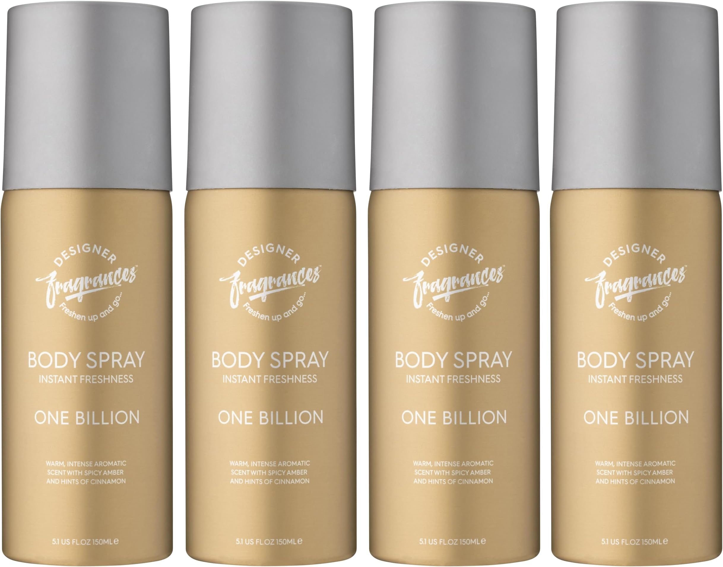 Designer Fragrances 4 Pack One Billion Men's Body Spray Deodorant Cans - For Instant Freshness on The Go - Long Lasting Smell - Great Male Gift Sets - 150ml
