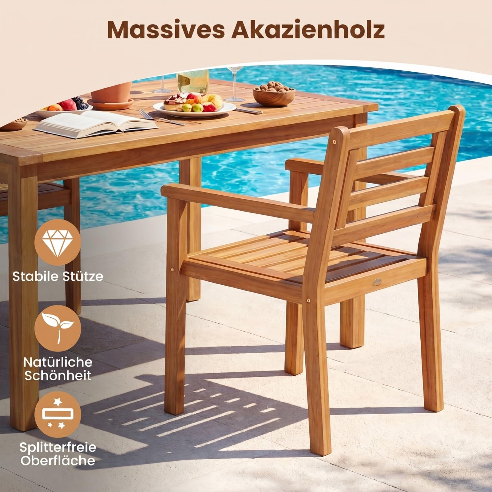 COSTWAY Drewniane krzesła ogrodowe, zestaw 2 sztuk, drewniane krzesła z podłokietnikami, krzesła balkonowe, obciążenie do 180 kg, fotel ogrodowy do ogrodu, na balkon, taras